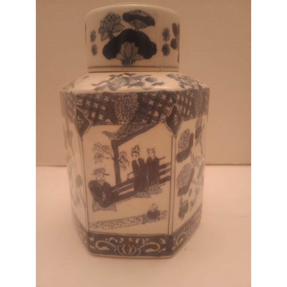 Vintage Chinese Hexagon 6-sided Ginger Tea Jar Chinese Blue and White decor 8"